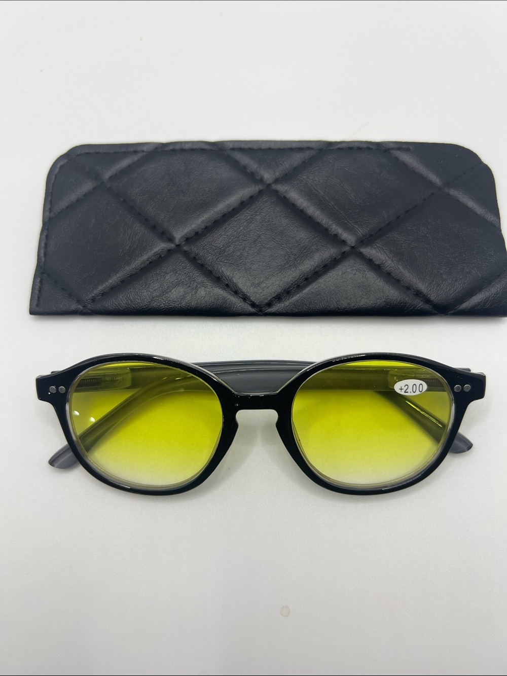 Classic Black Frame +2.00 Reading Glasses with Yellow Lenses - NWOT - P13